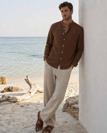 Men’s Mandarin Collar Shirt – Relaxed Fit Textured Cotton Shirt
