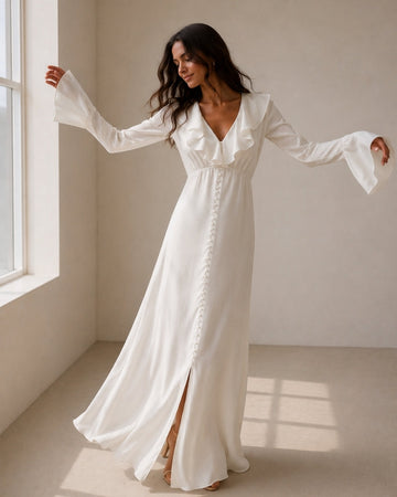 Pearl Button Ruffle Midi Dress